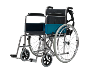 Side view of a silver, black, and teal wheelchair on a solid black background