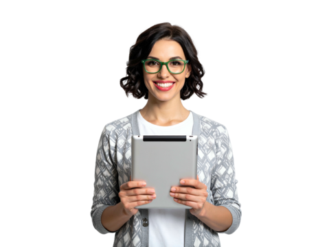 Smiling woman with glasses holds tablet, looking at viewer, against black background
