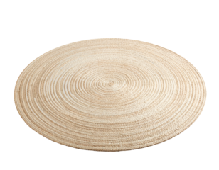Circular, woven placemat or rug with concentric pattern, light neutral color