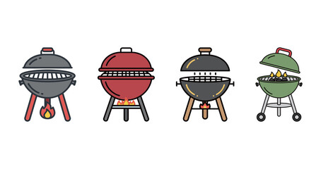 Outdoor charcoal kettle grill icons set with fire and flame, summer barbecue party concept vector illustration.