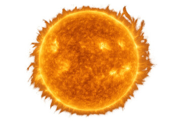 Sun star with fiery solar flares and plasma prominences on a transparent background, representing power and energy
