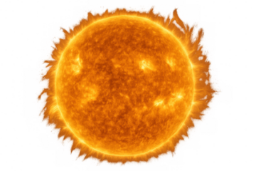 Sun star with fiery solar flares and plasma prominences on a transparent background, representing power and energy