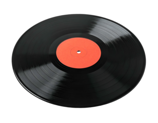 Shiny, black, circular music storage medium with a vibrant orange label in the center