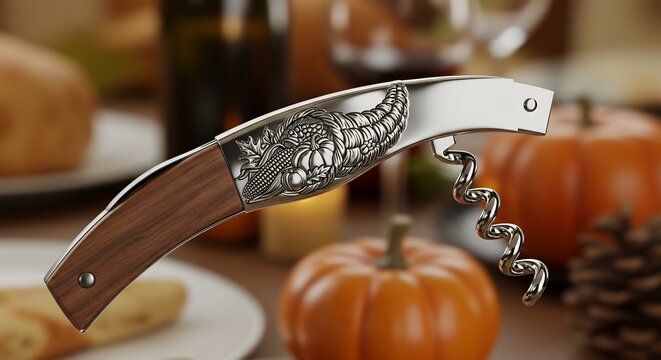 Elegant corkscrew with intricate design on a festive autumn table setting.