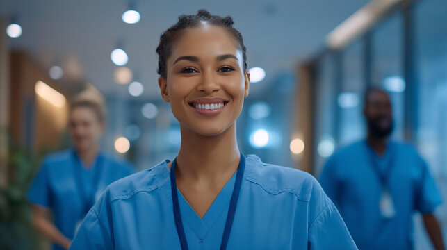 A diverse group of healthcare professionals wearing clean, modern medical uniforms in a hospital corridor, symbolizing teamwork, professionalism, hygiene, and unity in the contemporary medical
