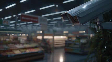 A close-up of security camera lenses focused on supermarket aisles, representing technological advancement, monitoring accuracy, and the unseen layer of protection in retail environments. cinematic