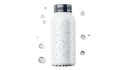 White Bottle with Water Droplets on Transparent Background