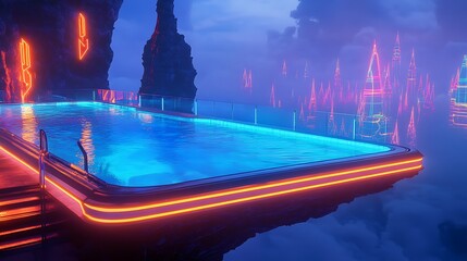 cinematic, neon-lit, futuristic, glowing pool, city skyline in the background, vibrant colors, dramatic lighting, sci-fi atmosphere, reflecting pool, minimalist design, architectural elements, digital