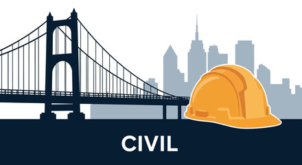 Civil engineering and urban infrastructure project concept with a safety hard hat, suspension bridge, and city skyline