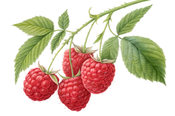 A cluster of ripe red raspberries hangs from a thorny branch, featuring vibrant green leaves and a natural fruit display.