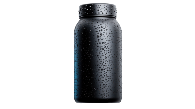 Black Sports Bottle with Droplets on Transparent Background