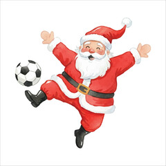 Santa Claus Playing Soccer Watercolor Vector on White Background
