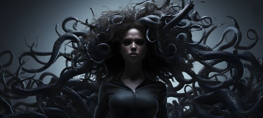 art of Zeus vs medusa a black and white high contrast full bodys,generative AI