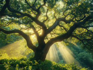 Sunbeams Shining Through the Gnarled Branches of an Oak Tree