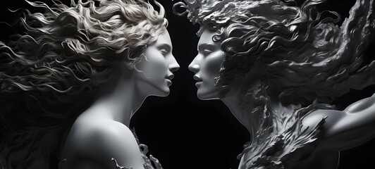 art of Zeus vs medusa a black and white high contrast full bodys,generative AI