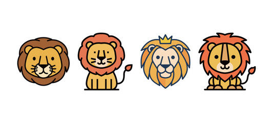 Cute Lion Head and Full Body Vector Collection: Stylized Animal Icons in Cartoon Outline Style © 张锋