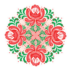 Khokhloma inspired floral pattern design elements. Red and green vector ornaments isolated on white. Traditional Russian painting style. Print, posters, t-shirts and textiles.