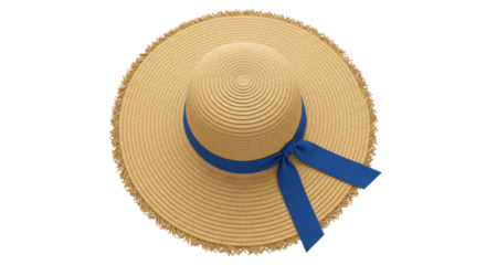 Elegant straw sun hat with blue ribbon isolated, stylish summer headwear for sun protection and fashion accessory PNG