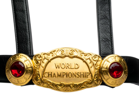 Close-up of ornate gold belt buckle with "WORLD CHAMPIONSHIP" text