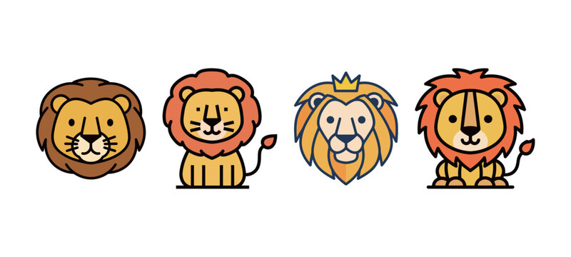 Cute Lion Head and Full Body Vector Collection: Stylized Animal Icons in Cartoon Outline Style