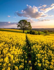 Obraz premium Sunny fields of yellow flowers under a beautiful, cloudy sky