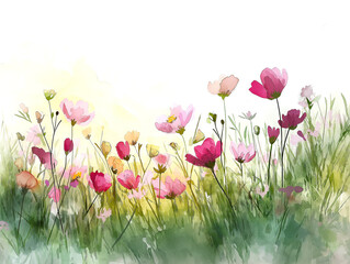 Serene Watercolor Art of Wildflowers in a Gentle Breeze