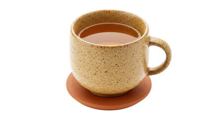 Speckled ceramic mug with tea isolated on terracotta coaster, warm beverage for cozy autumn mornings PNG