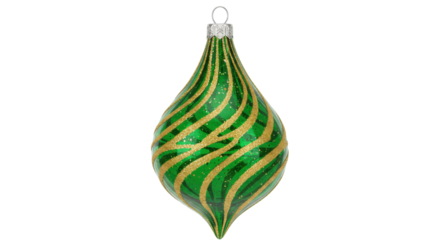 Green and gold teardrop Christmas ornament isolated, festive holiday decoration for tree hanging on no background