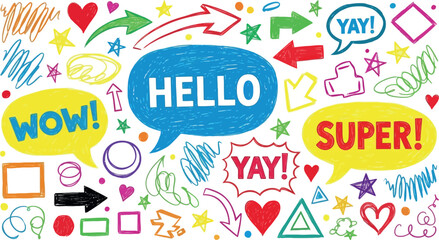 Energetic and colorful speech bubbles with 'hello' 'wow' and 'super!' text surrounded by fun doodles and symbols for graphic design