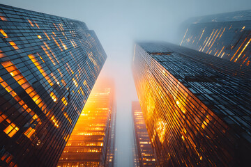 towering glass skyscrapers glowing under warm golden light in a cinematic epic scene of futuristic business success