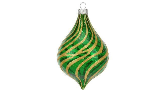 Green and gold teardrop Christmas ornament isolated, festive holiday decoration for tree hanging on no background