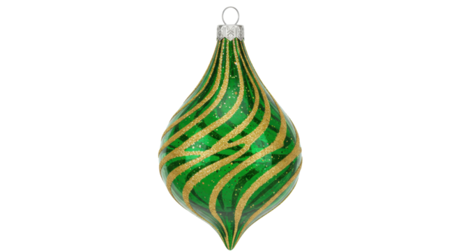 Green and gold teardrop Christmas ornament isolated, festive holiday decoration for tree hanging on no background