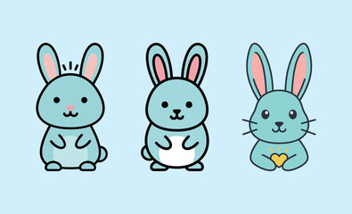 Set of three cartoon blue bunnies or rabbits, cute Easter animal vector illustration.