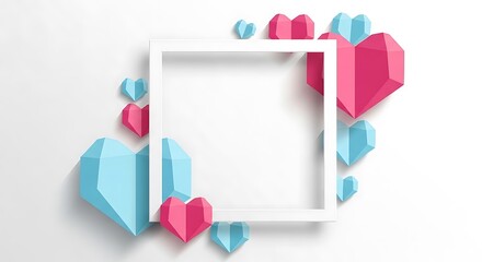 Valentines Day Hearts and Square Frame on White Background.