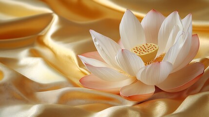 closeup, beautiful white lotus flower, delicate petals, soft focus, golden background, serene, tranquil, detailed, realistic, high quality, cinematic lighting
