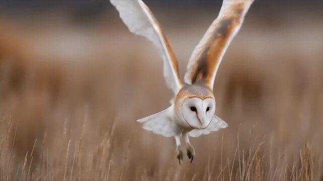 Barn owl in flight over field of dry grasses and vegetation