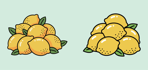 Set of two cartoon piles of fresh yellow lemons with leaves, citrus fruit vector illustration.
