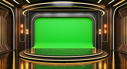 Futuristic stage interior with bright green screen background. Modern studio setup for virtual production, film shooting, TV broadcasting, chroma key editing, and digital media presentation.