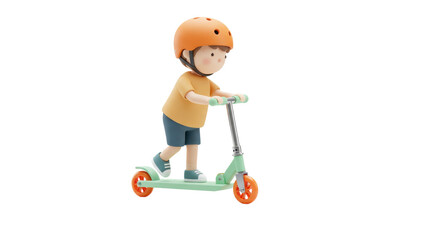 Boy with orange helmet riding a scooter isolated PNG, 3D render of a child on a kick scooter for kids activities and transportation © Daniel