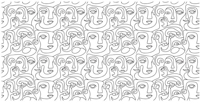 Abstract monochrome line art pattern of many diverse faces in a dense crowd expressing various emotions and expressions