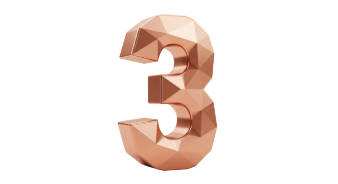 Geometric rose gold number 3 isolated, polygonal three figure on transparent background Modern 3D rendering for graphic design and decoration