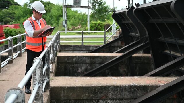 Engineer is checking the water gate and Inspection the flood barrier, dam engineer working on site