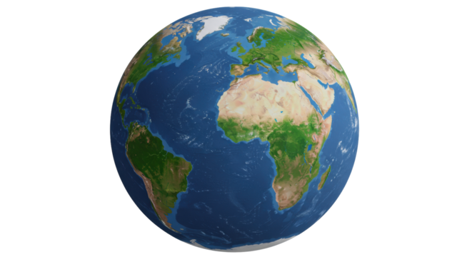 Earth globe showing continents and oceans isolated, realistic 3D rendering PNG for geography, science, and environmental studies - Powered by Adobe