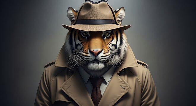 Tiger Detective in Trench Coat and Fedora Hat.