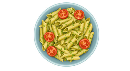 Penne pasta with pesto and tomatoes in a bowl isolated, delicious Italian food dish with fresh...