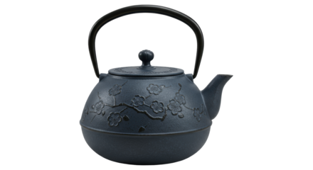 Dark blue cast iron teapot isolated on white, traditional Asian tea ceremony equipment for brewing and serving hot beverages