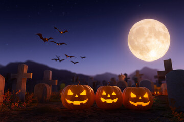 A mysterious and mystical background with pumpkins in a Halloween-style cemetery. 