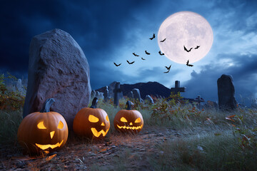 A mysterious and mystical background with pumpkins in a Halloween-style cemetery. 