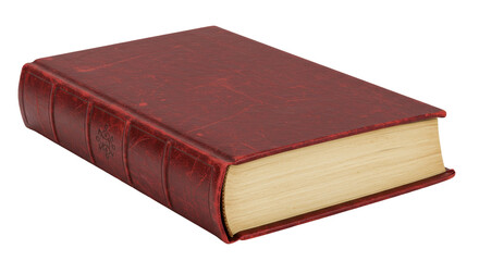 Old red leather book isolated on transparent background, vintage hardcover tome for reading and historical study