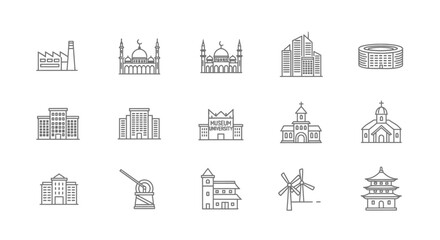 Set of Line Icons of Buildings and Architecture Landmarks – Flat Outline Vector Design